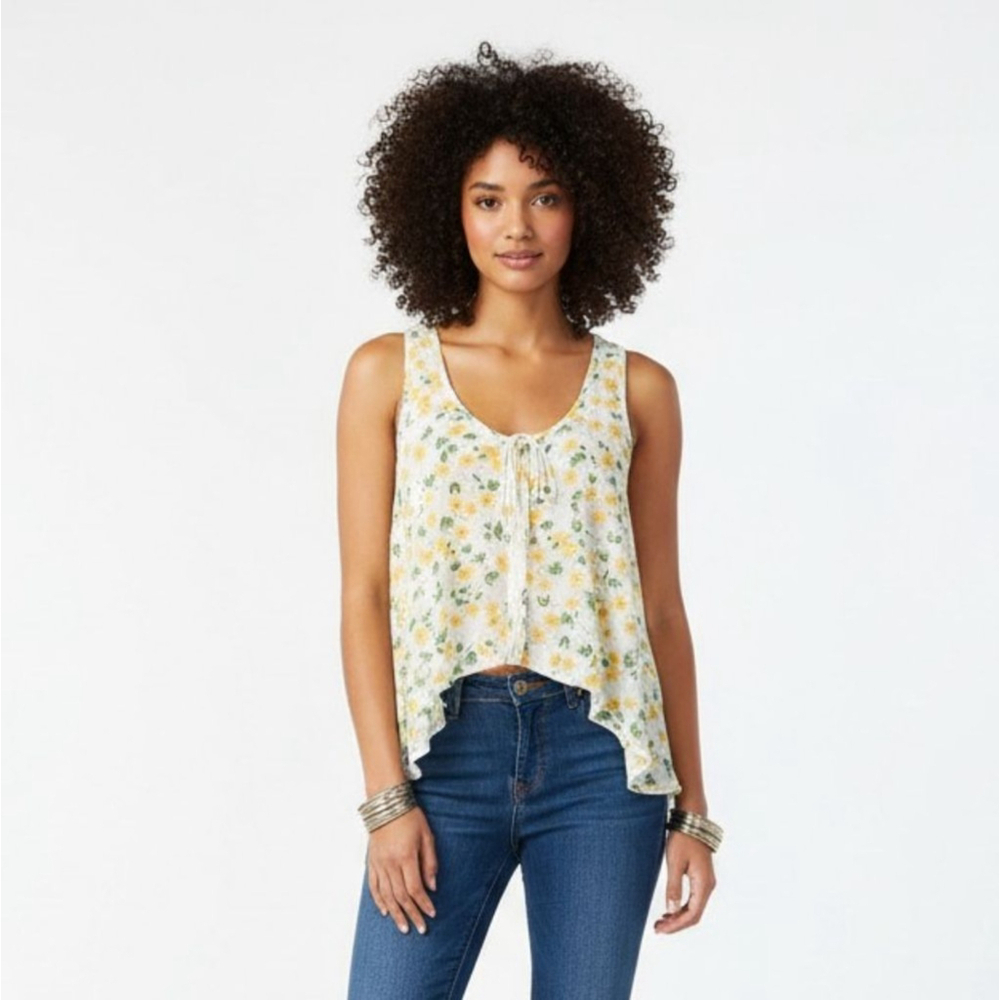 Free People White Yellow Floral Ditsy Floral Crochet Back Tank Top Small